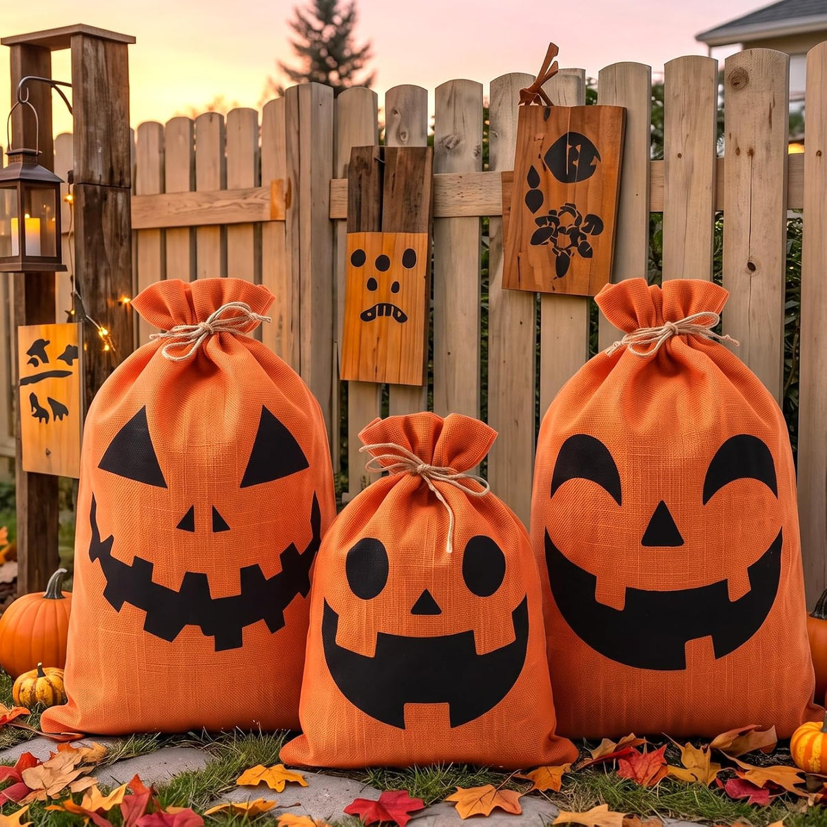 Halloween Burlap Leaf Lawn Bags, Rustic Pumpkin Yard Drawstring Bag with Rope Jack O' Lantern Face Reusable Washable Leaf Sacks for Leave Trash Fall Outdoor Decor (Classic,Orange,3 Pcs)