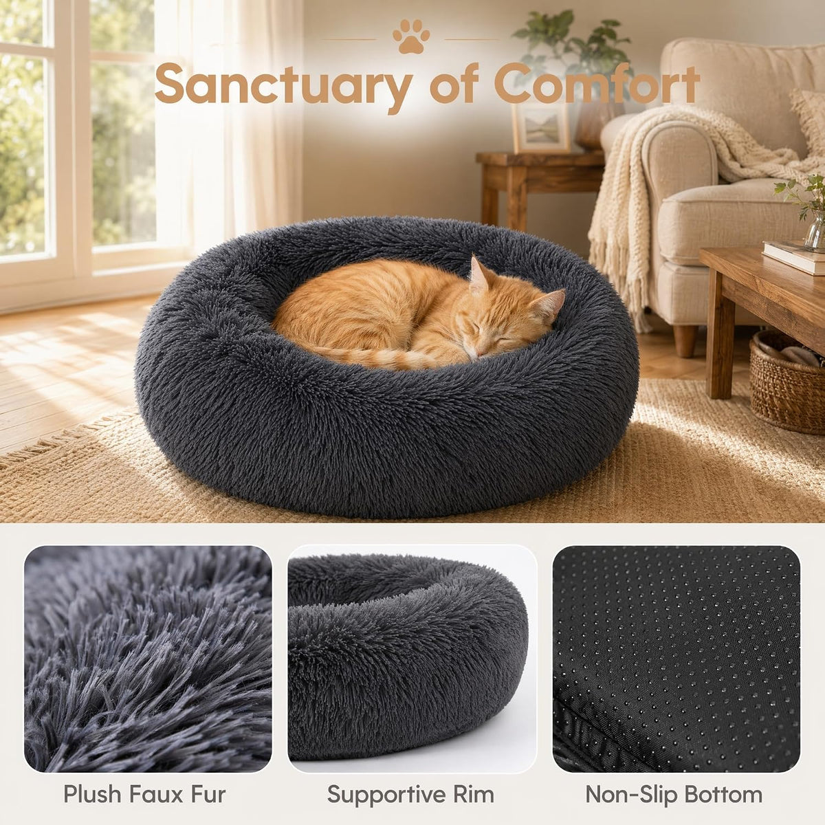 Cat Beds for Indoor Cats, round Donut Small Dog Bed, Dark Gray