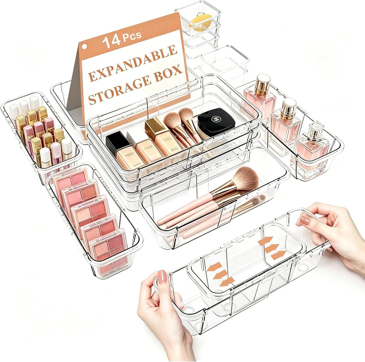 14Pcs Clear Expandable Drawer Organizer Bins for Vanity Desk Bathroom