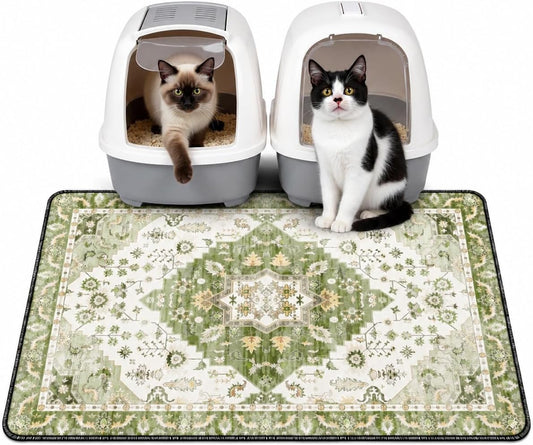 Cat Litter Mat Litter Trapping Mat, 35"X23" Waterproof Urine Proof Litter Box Mat Catcher Mat Non-Slip Washable for Kitty Kitten, Green