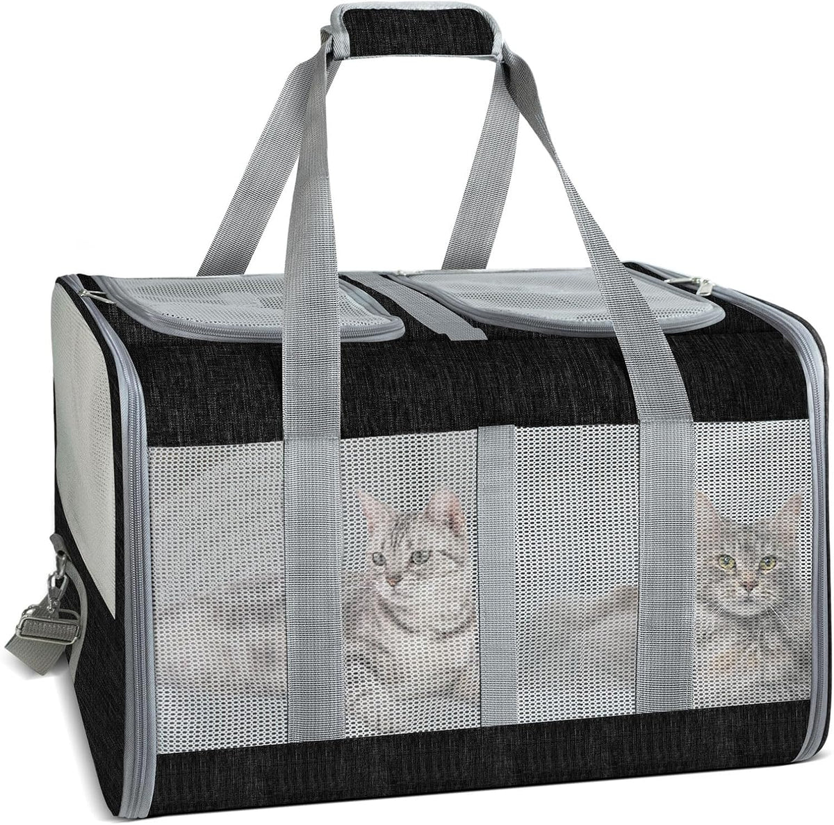 Soft-Sided Cat Carrier for 2 Cats, Gray, Breathable Mesh Design, Airline Approved Travel Bag for Small to Large Cats, Expandable with Shoulder Strap (Black)