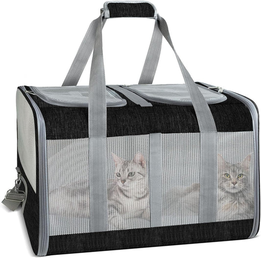 Soft-Sided Cat Carrier for 2 Cats, Gray, Breathable Mesh Design, Airline Approved Travel Bag for Small to Large Cats, Expandable with Shoulder Strap (Black)