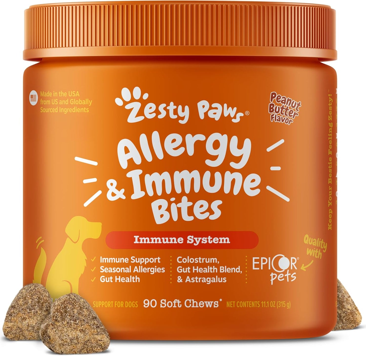 Zesty Paws Allergy Immune Bites - Dog Allergy Chews, Dog Probiotics for Itchy Skin and Ears, Peanut Butter, 90Ct