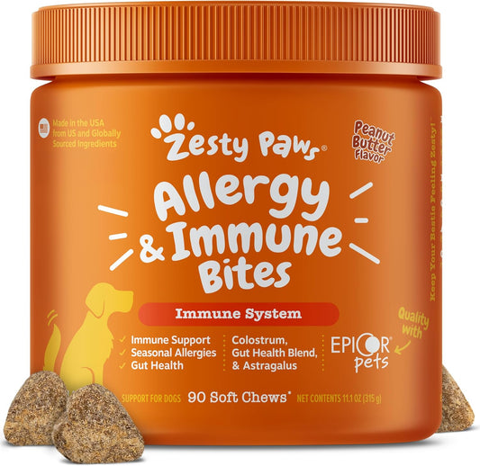 Zesty Paws Allergy Immune Bites - Dog Allergy Chews, Dog Probiotics for Itchy Skin and Ears, Peanut Butter, 90Ct
