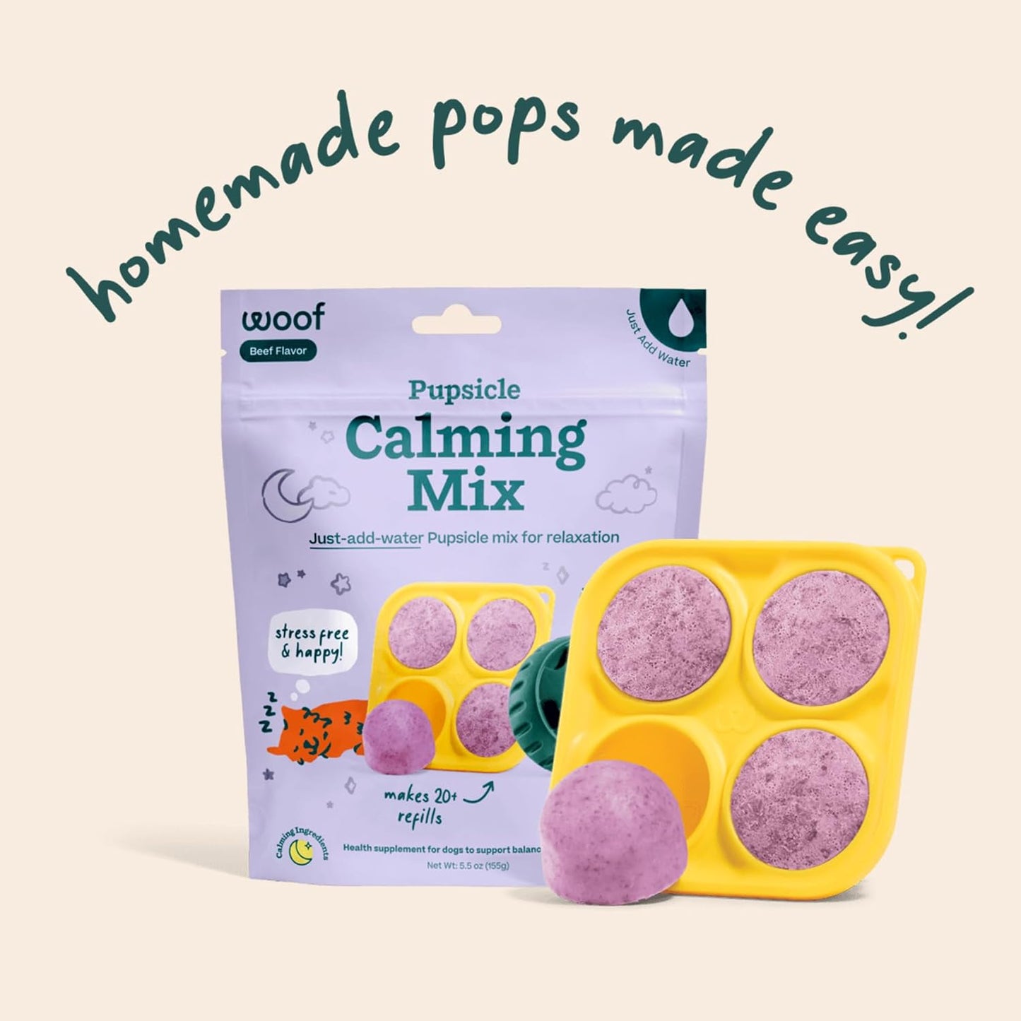 WOOF Dog Pupsicle Mix - Easy-To-Make DIY Pupsicle Refills - Tasty, Healthy Pupsicle Mix - Wholesome Ingredients - Long-Lasting - Calming Mix
