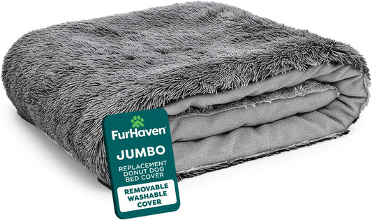 Furhaven Replacement Dog Bed Cover, Long Faux Fur for Calming Cuddlers, Machine Washable, Customizable Filling, Jumbo XL, Gray