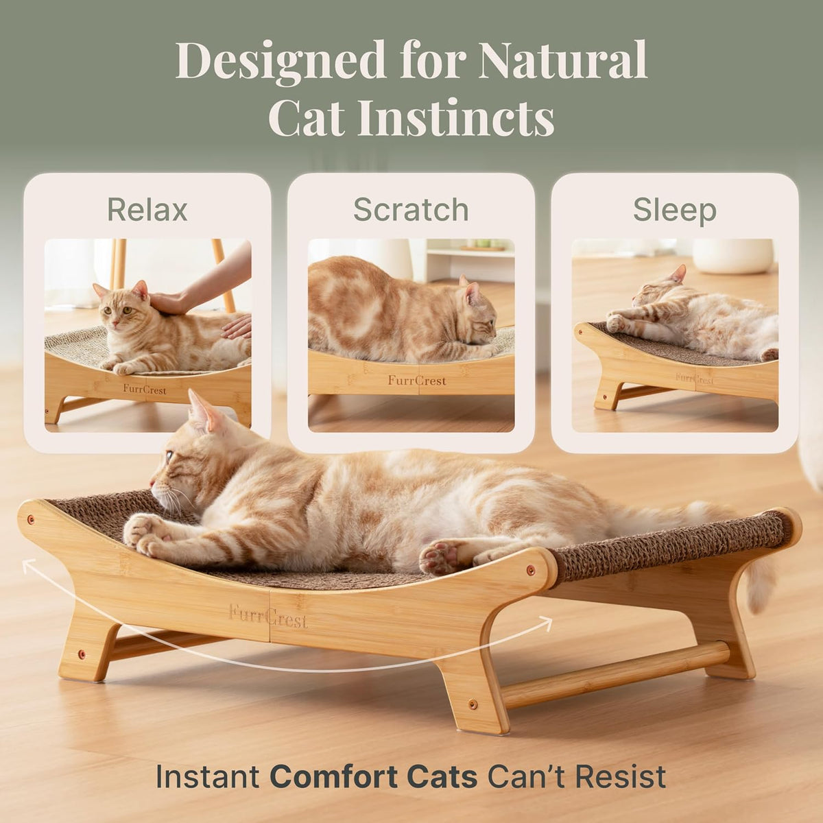 XL Sisal Cat Scratcher Bed with Elevated Hammock for Indoor Cats, Replaceable Natural Sisal Pad, Large Cat Lounge, Anti-Slip No-Wobble Bamboo Frame, Natural Grey