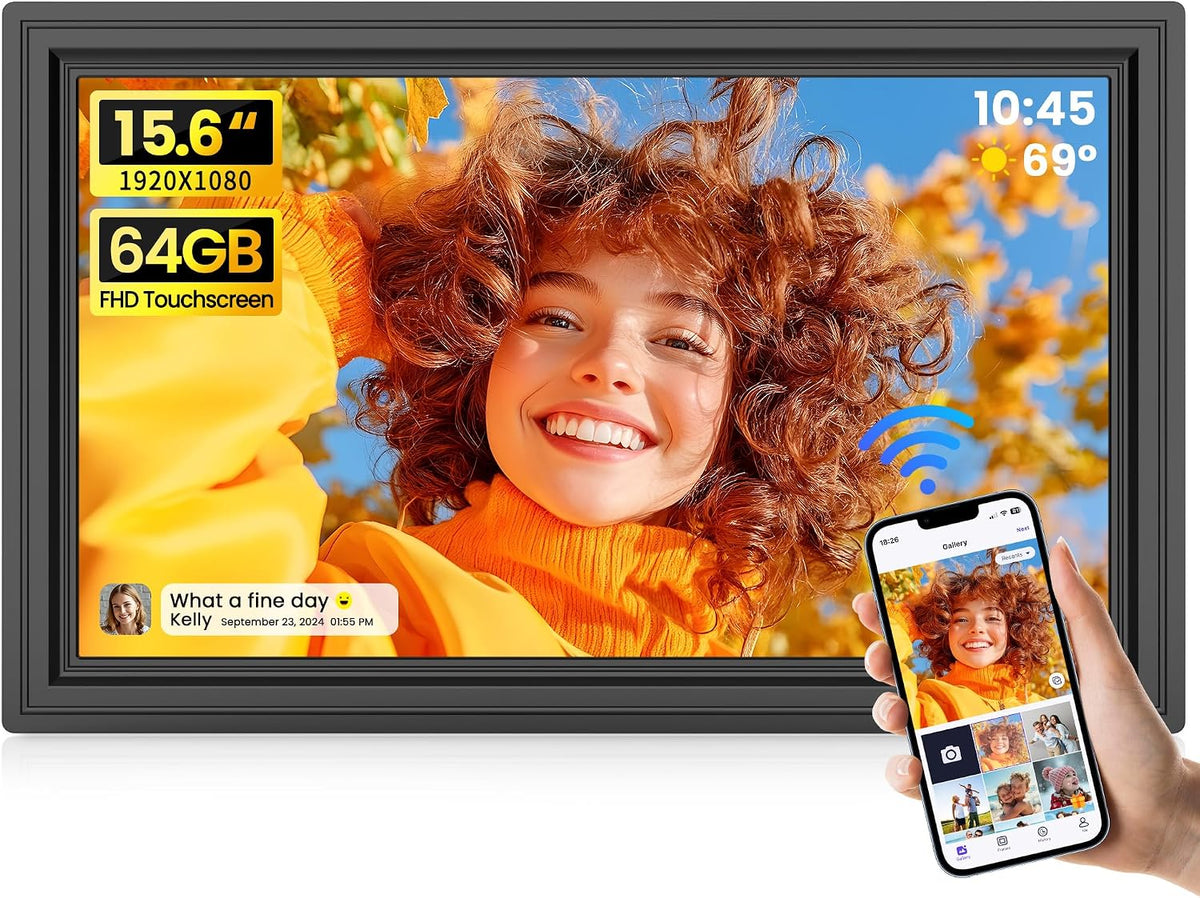 64GB 15.6" Large Digital Picture Frame, Uhale Wifi Electronic Photo Frames with 1920 X 1080 FHD IPS Touch Screen, Support Auto-Rotate Wall Mounted SD&USB Card, Share Photos/Videos from Phone Instantly