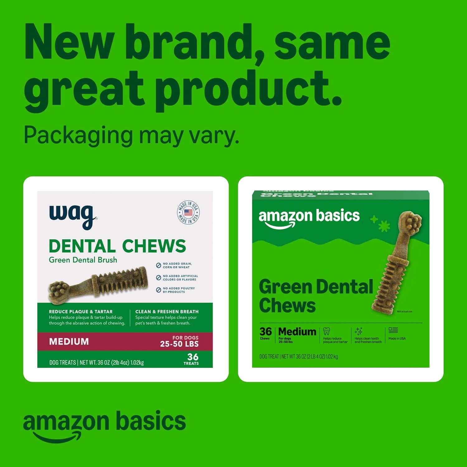 Amazon Basics Dental Dog Treats to Help Clean Teeth & Freshen Breath for Medium Dogs, Unflavored, per Pack: 36 Count, 2.25 Pounds (Previously Wag)