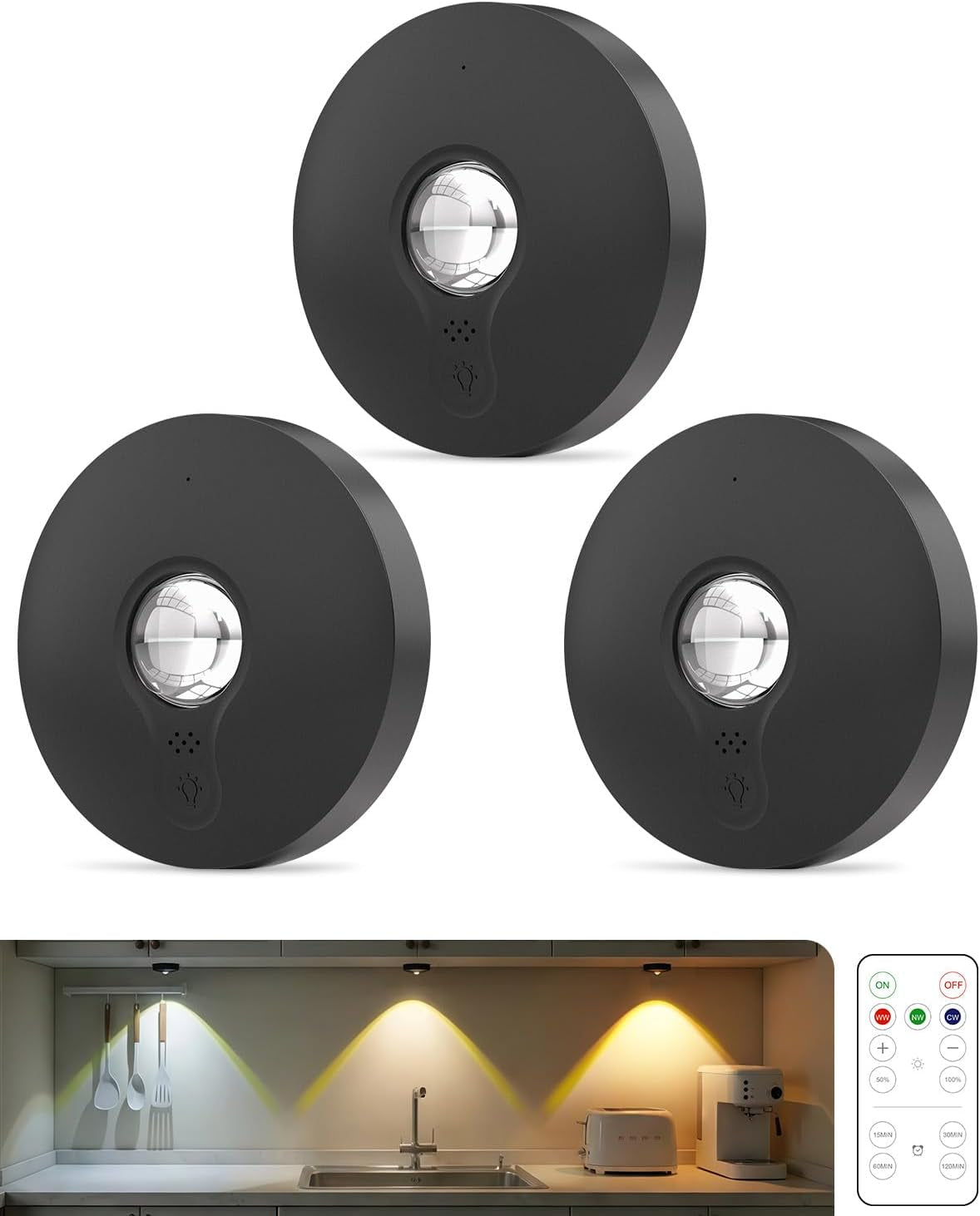 Rechargeable Puck Lights with Remote Control, 1500Mah Battery Operated Tap Lights, Dimmer & Timer under Cabinet, Wireless LED Stick-On for Closet, Bedroom, Kitchen - Black 3Pcs