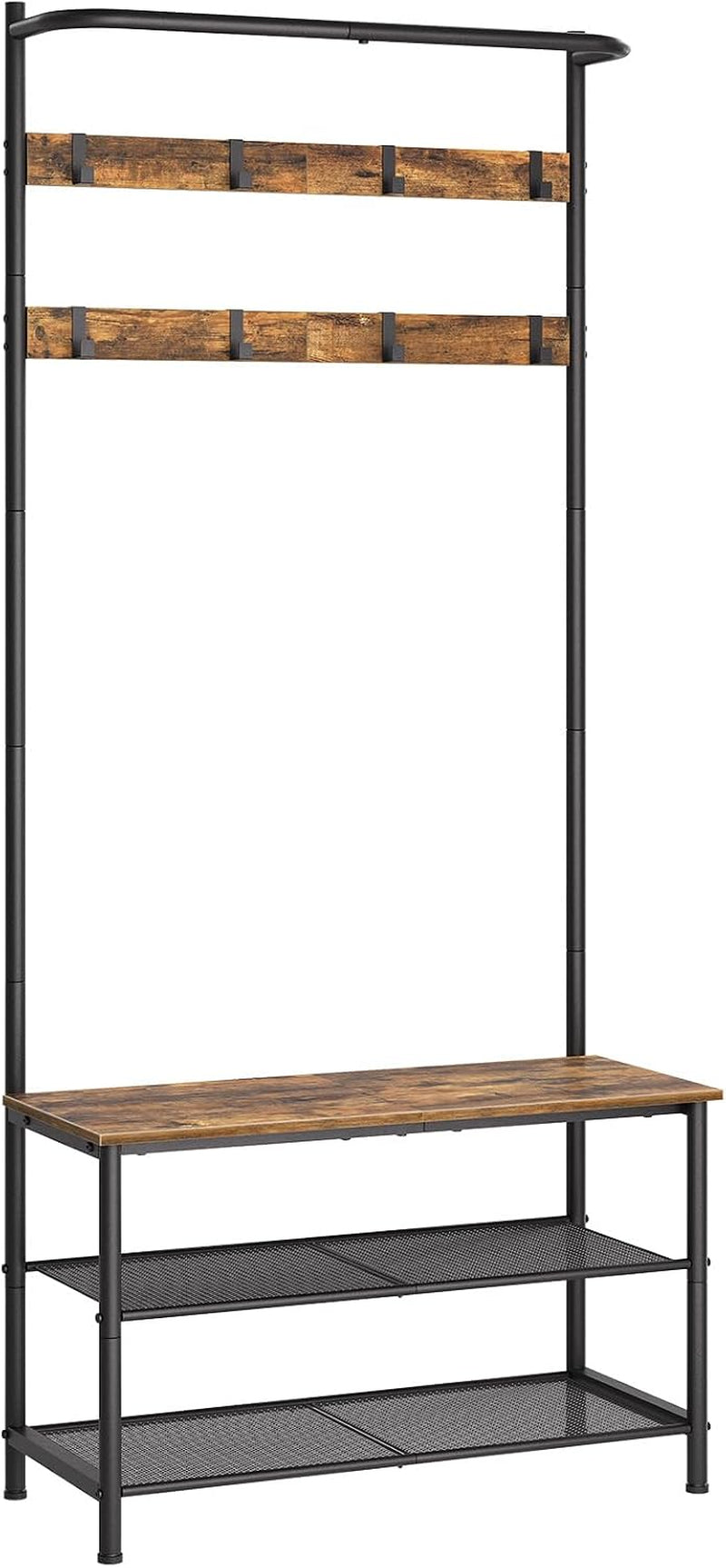 Hall Tree, Coat Rack with Shoe Bench, 4-In-1 Entryway Bench with Storage Shelves, Hanging Rod and 8 Movable Hooks, Hall Tree with Storage Bench for Hallway, Rustic Brown and Black MT02BR