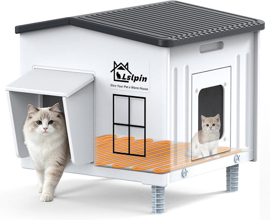 Heated Cat House for outside Cats in Winter, Indestructible Heated Outdoor Cat House Weatherproof with Elevated Feet & Escape Door, Outdoor Cat Shelter for Feral Stray Cat Kitty. 17.7"X15"X19"