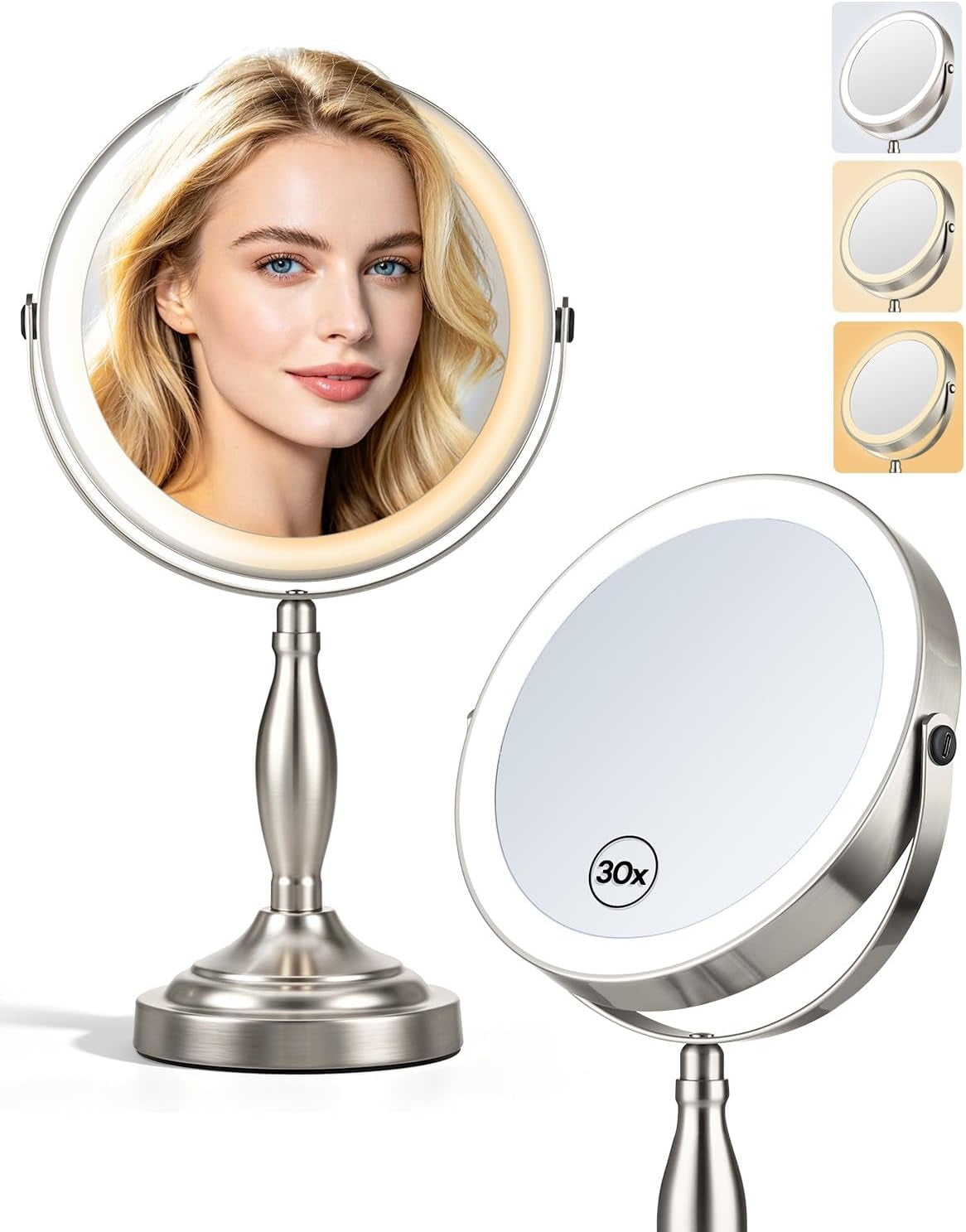 Makeup Mirror with Lights, 1X/30X Double Side Lighted Magnifying Mirror