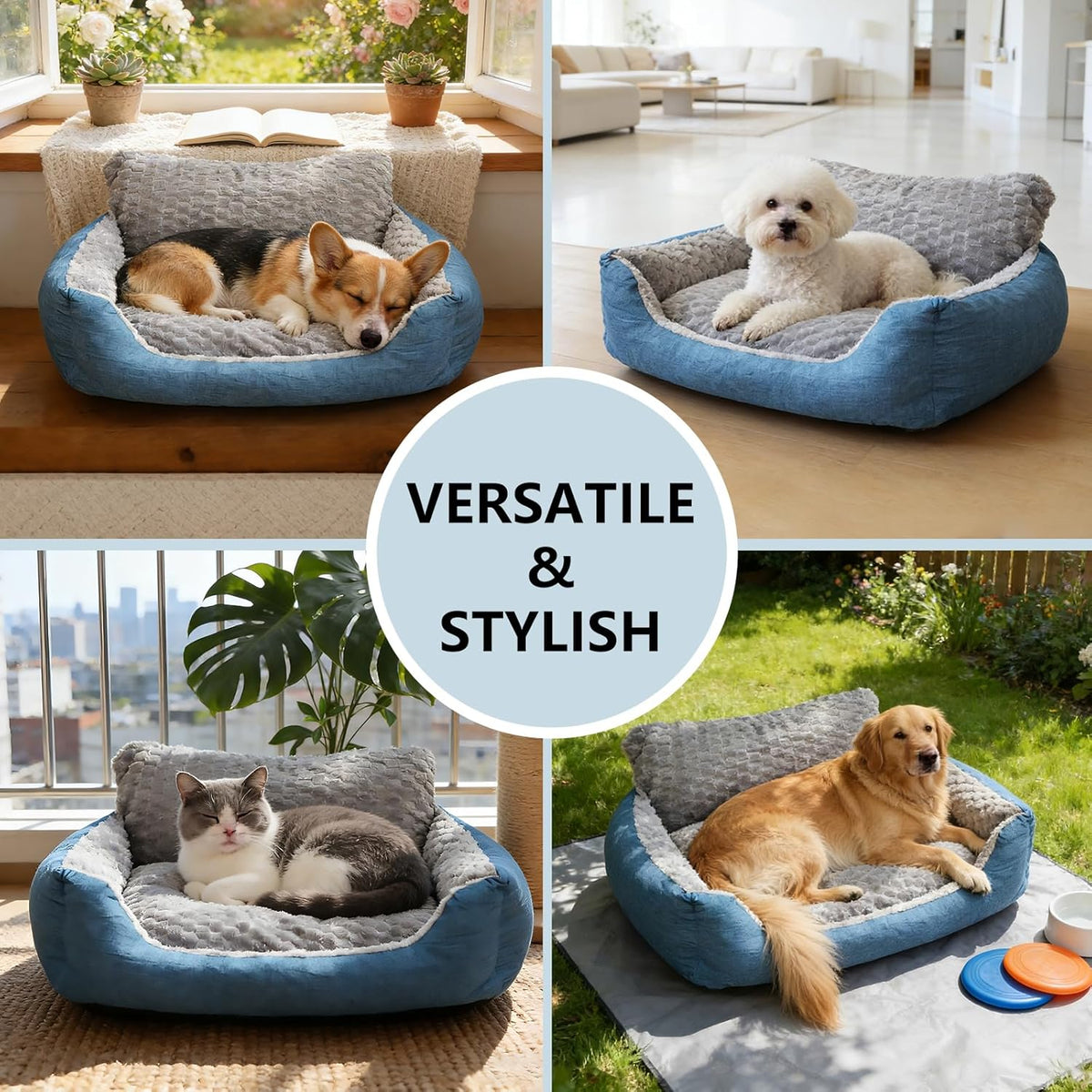 Small Dog Bed & Cat Sofa, 24"X20"X12" Soft Plush Calming Pet Bed for Sleep, All-Season Faux Fur Linen Orthopedic Puppy Bed with Non-Slip Bottom, Machine Washable, Fits Pets up to 17 Ibs