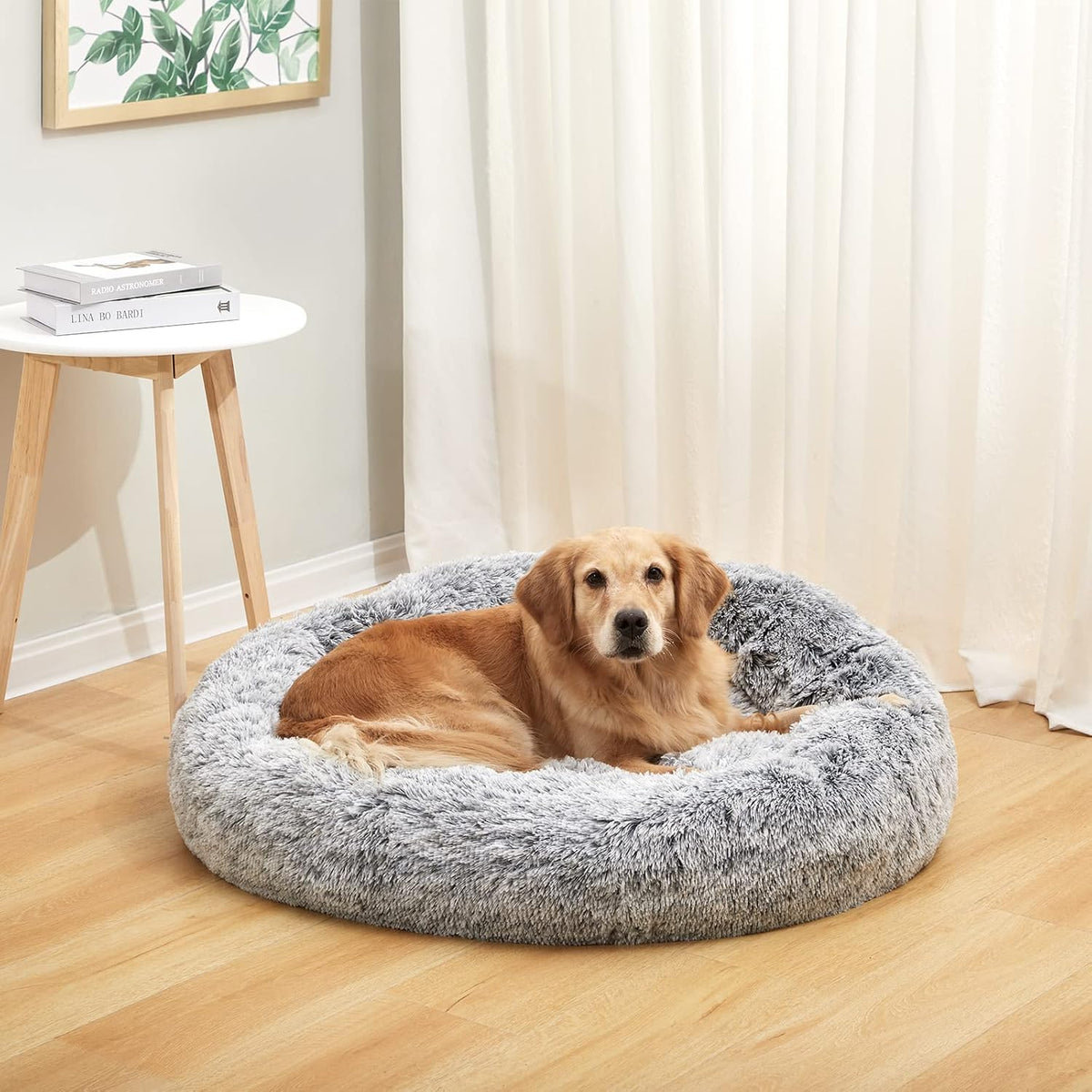 Bedfolks Calming Fluffy Donut Dog Bed for Large Dogs,Dark Grey, 36" Round