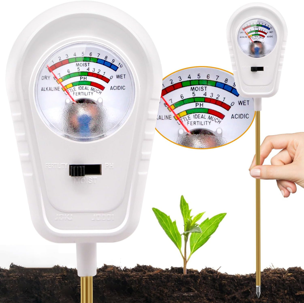 Soil Test Kit 3-In-1, Soil Moisture Meter, Soil PH Meter, Fertility Soil Tester, Soil Tester for Garden, Lawn, Farm, Outdoor & Indoor Use (Sleek White)