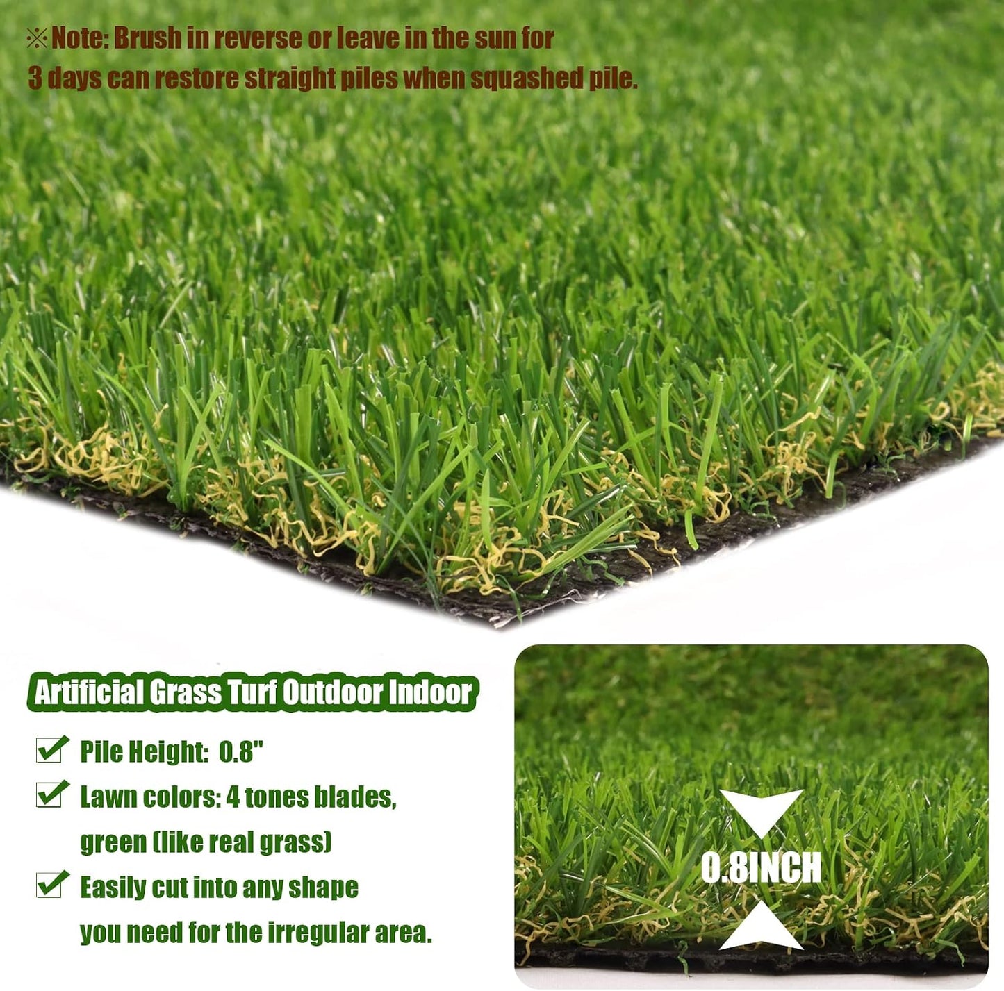Heyroll Realistic Artificial Turf Grass, 3 FT X 5 FT Artificial Synthetic Fake Grass, 20MM Green Turf Rug Pet Dogs Lawn Mat with Drainage Holes for Indoor Outdoor Patio Garden Landscape/Custom Size