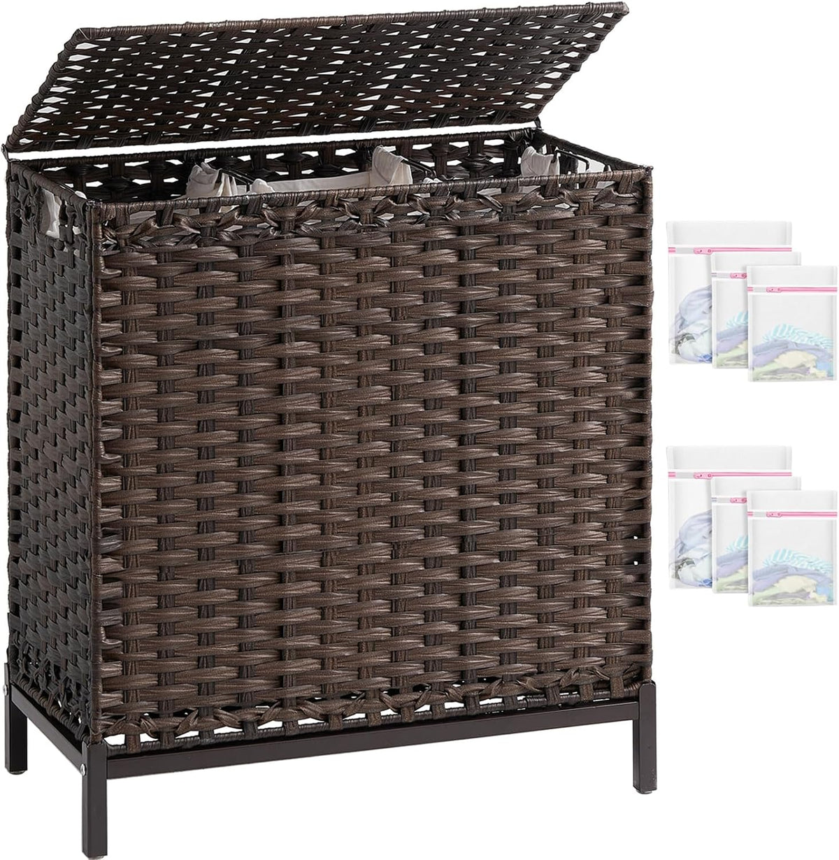 SETVSON Laundry Hamper with Lid, 35 Gal 3-Bag Clothes Sorter, Brown