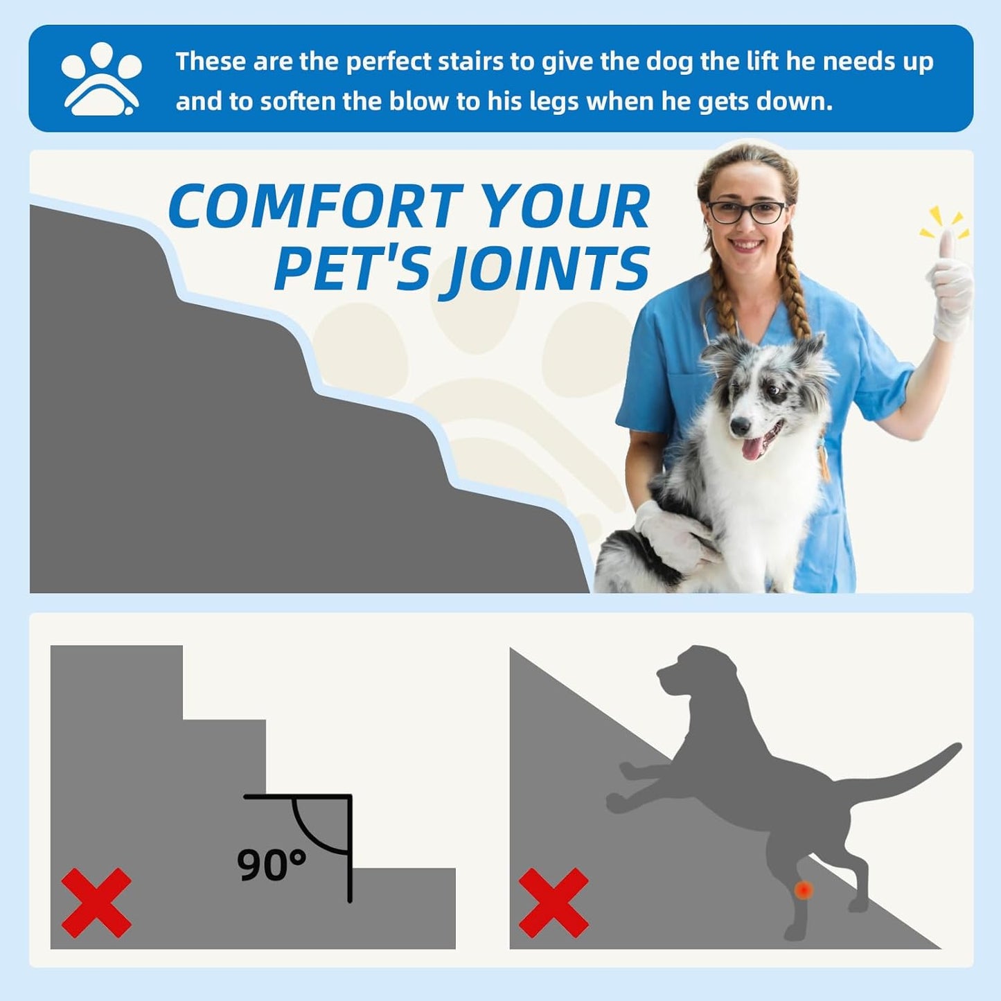 Dog Stairs 4 Steps for Small Dogs and Cats to Get on High Beds, Couch or Car, Pets Can Climb, Sit, Lie down or Perch to Look Out Windows on the Spliceable Ramp, Provides Support, Grey（19" H）