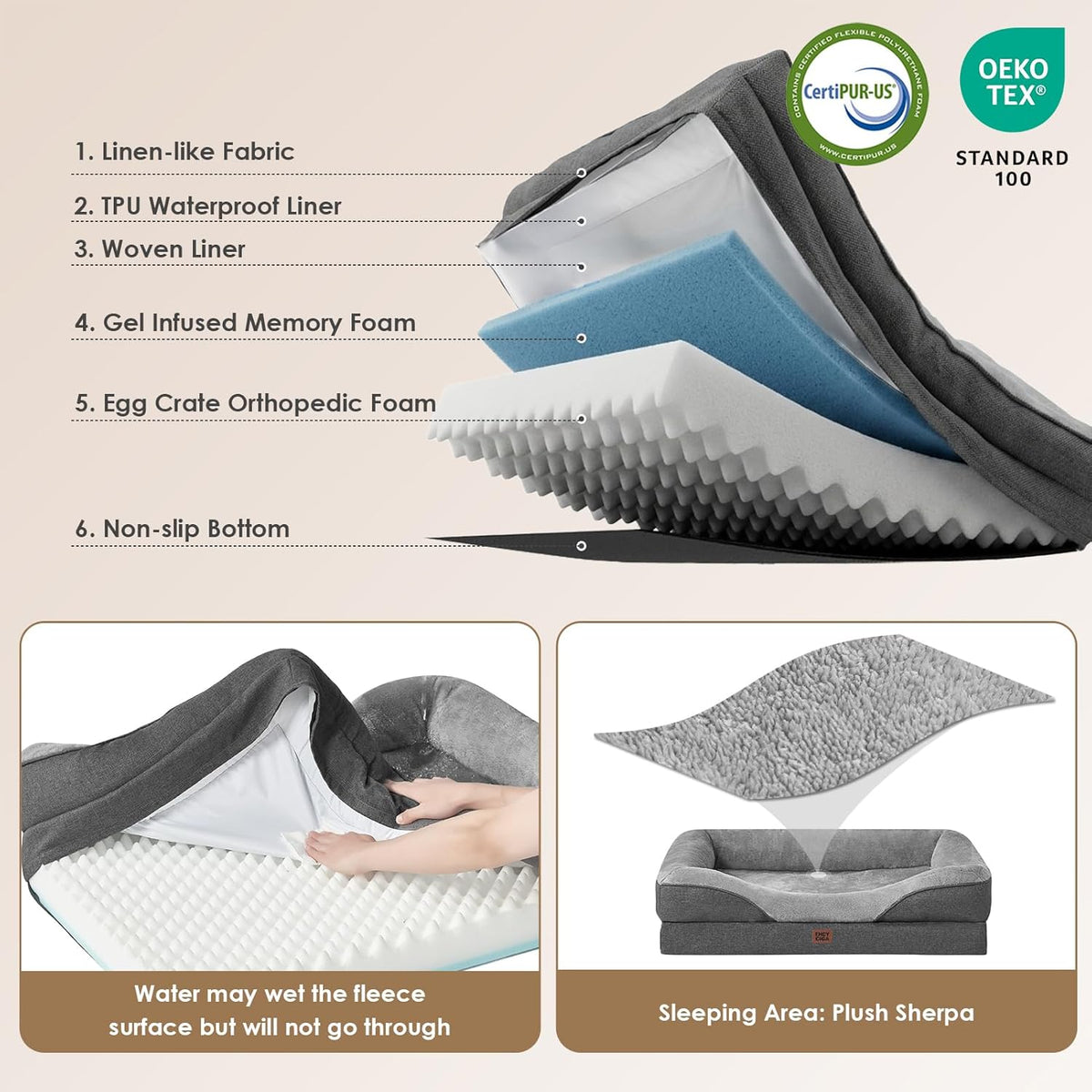 EHEYCIGA Orthopedic Dog Bed for Medium Dog, Memory Foam Dog Couch, Grey