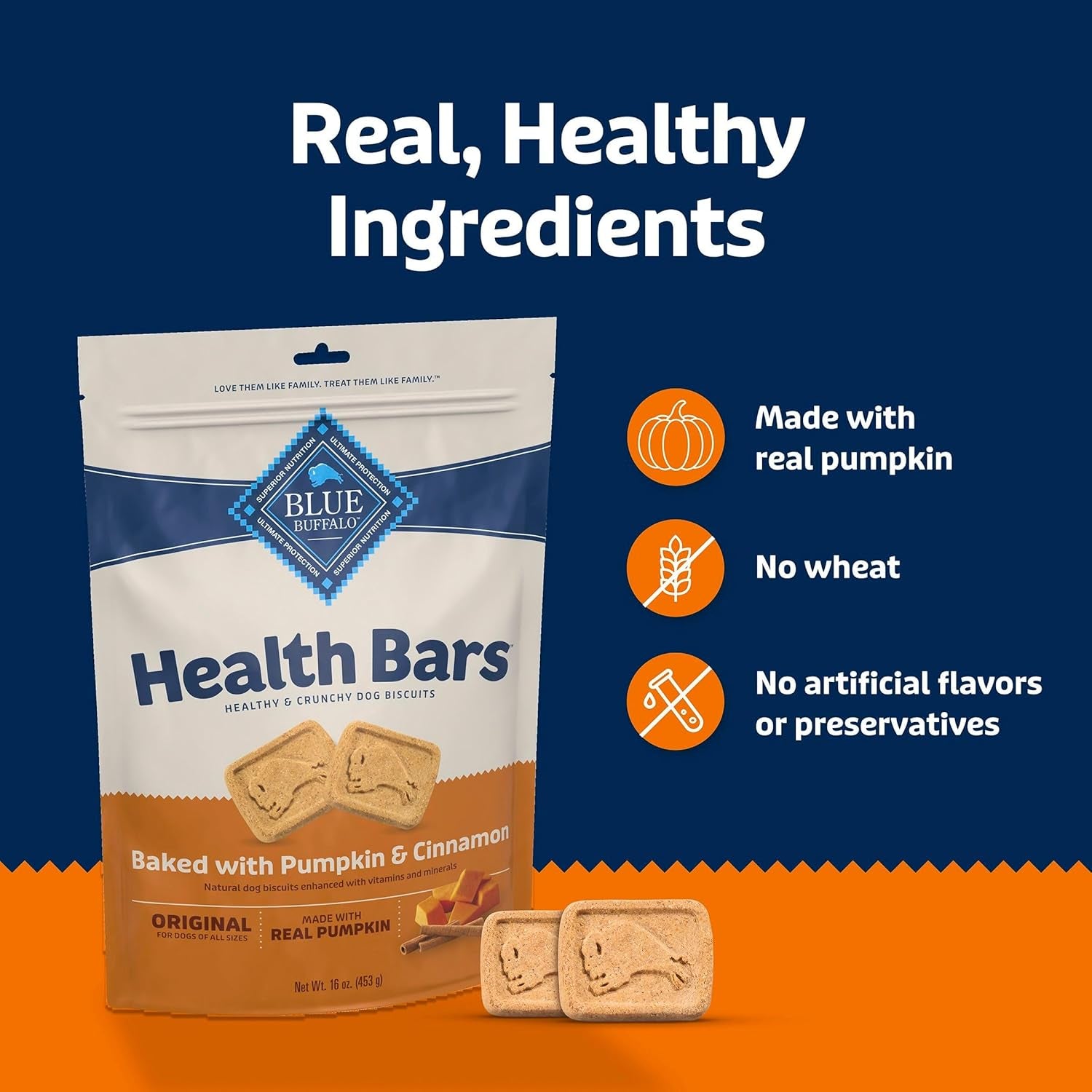 Blue Buffalo Health Bars Crunchy Dog Biscuits, Oven-Baked with Natural Ingredients, Pumpkin & Cinnamon, 16-Oz Bag
