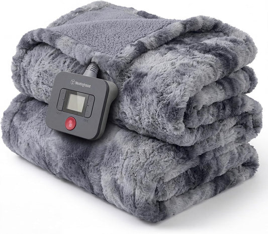 Westinghouse Heated Blanket Twin Size, Faux Fur with 10 Levels, Grey