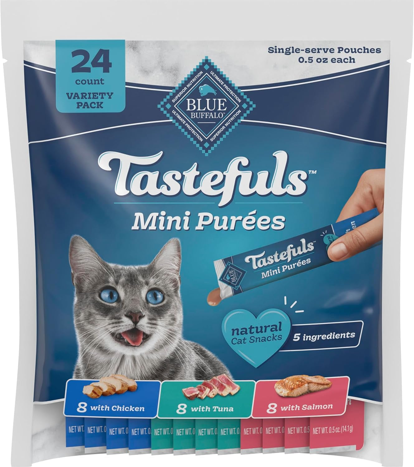 Blue Buffalo Tastefuls Mini Purées Natural Cat Treats, Chicken, Tuna, Salmon Variety Pack, 0.5 Oz. Single Servings, 24-Count