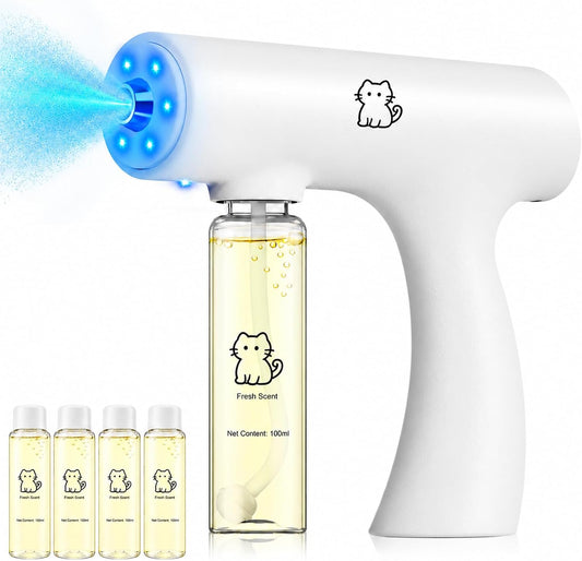 Cozypetsy Pet Odor Eliminator Spray Kit, Rechargeable Nano Blue Light Spray Gun with 5 X 100Ml Deodorizer Refills, Fine Mist Home Odor Control for Dog & Cat Urine, Litter Box, Carpets, Sofas, Pet Bed