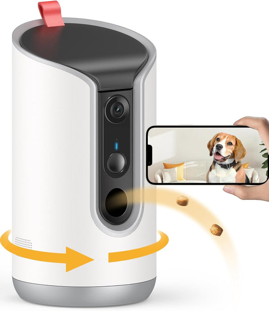 TKENPRO 2K Pet Camera Treat Dispenser, 360°View Dog Camera with Phone App, 5G&2.4G Wifi 2-Way Talk Pet Cam Indoor for Cats Remote Treat Tossing, Motion Alerts, Auto Tracking