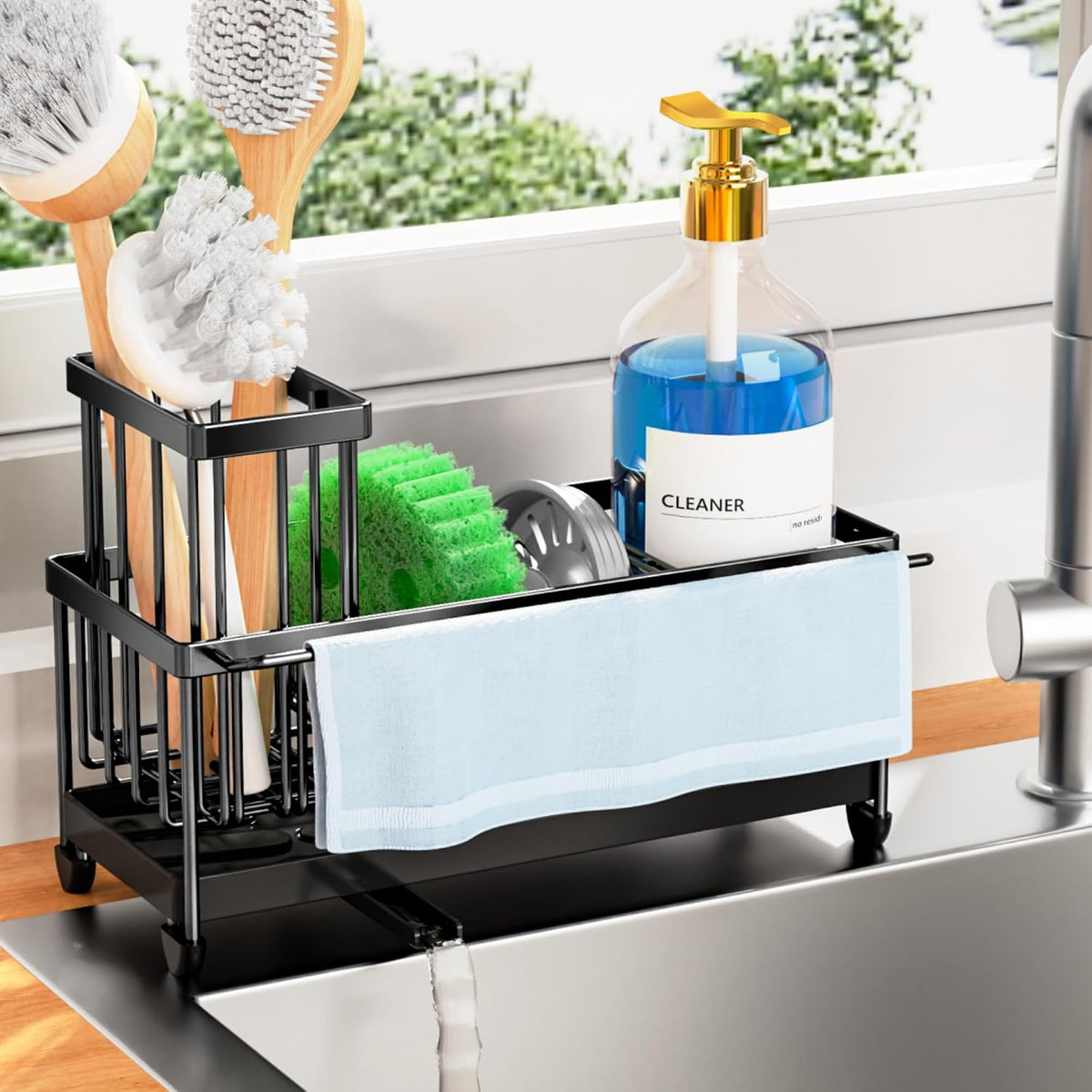 Cisily Sponge Holder for Kitchen Sink, Sink Organizer with Towel Rack