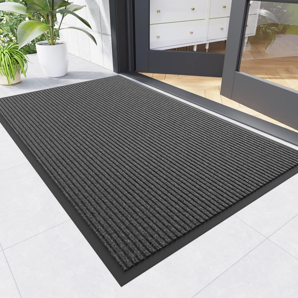 Front Door Mat, 2' X 6' Heavy Duty Indoor Outdoor Welcome Mat for Entryway, Commercial Entrance, Low Profile, Non-Slip, Durable Rubber Backing for Patio, Home