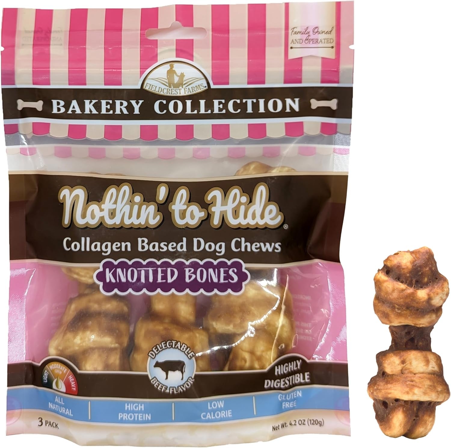 Nothin' to Hide Collagen-Based Dog Chews Small Knotted Bones, Beef Flavor, Easily Digestible, Supports Skin, Coat, Joints & Muscles, for Moderate Chewers under 15Lbs, 4In, 3 Pieces
