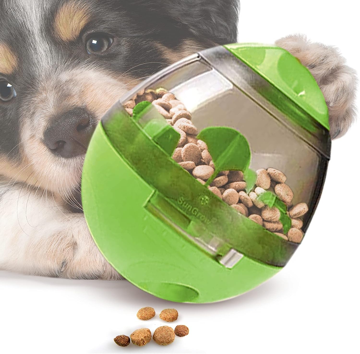 Sungrow Puppy, Small Dog Breeds, and Cat Treat Ball, Slow Pet Feeder, Boredom Buster, Adjustable Food Dispenser, Ends Naughty Chewing and Bloat, Encourages Exercise, Interactive Puzzle Feeder, 4.6”