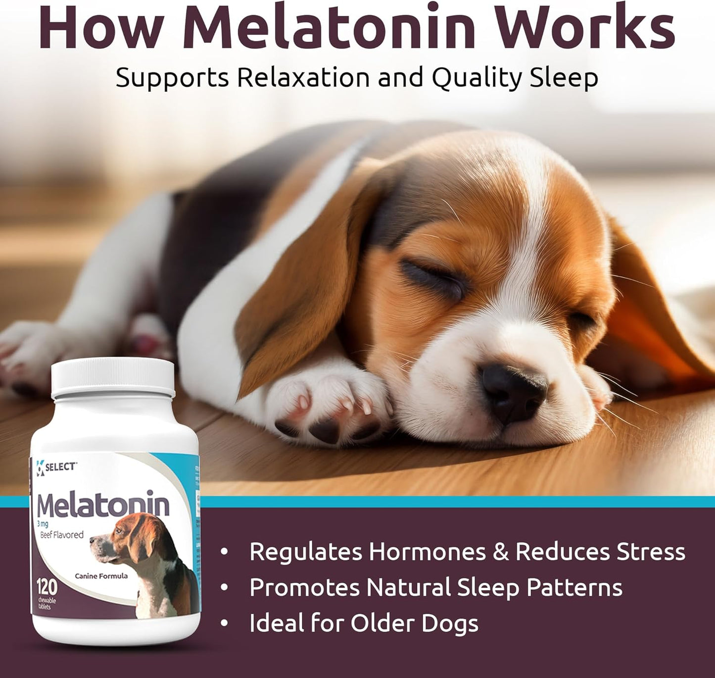 K9 Select Melatonin for Dogs - Composure Dog Calming Chews - Dog Melatonin for Sleep - Reduce Stress Helps Composure Calming Treats for Small Dogs - 3 Mg, 120 Beef Flavored Chewable Tablets