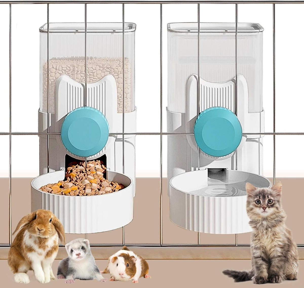 Kathson Rabbit Feeder,Bunny Water Bottle Dispenser,Pet Cage Food Bowl,Blue