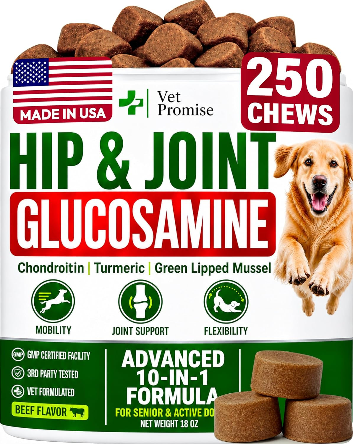 Glucosamine Hip & Joint Supplement for Dogs - 250 Chews with Chondroitin