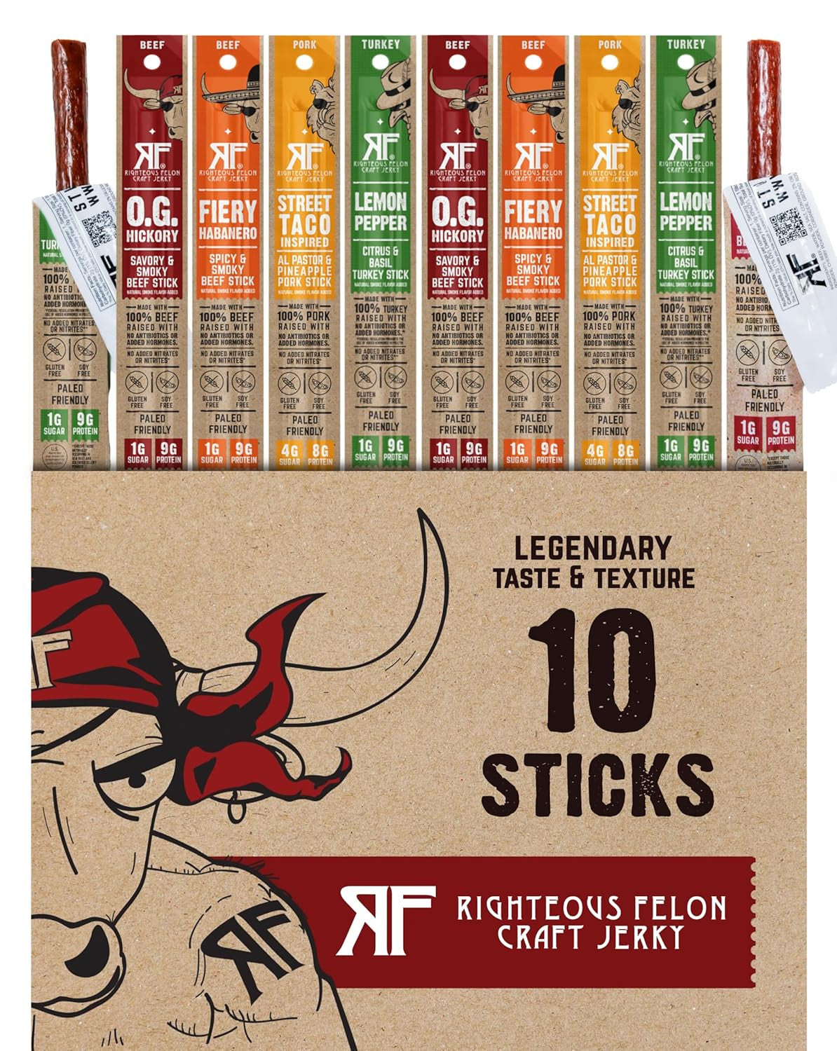 Righteous Felon Variety Meat Sticks | 100% Grass Fed Beef, Turkey & Pork | 88G Total Protein | Gluten-Free, Low Sugar, High Protein Snack Sticks | Individually Wrapped | Jerky Variety Pack, 10 Count