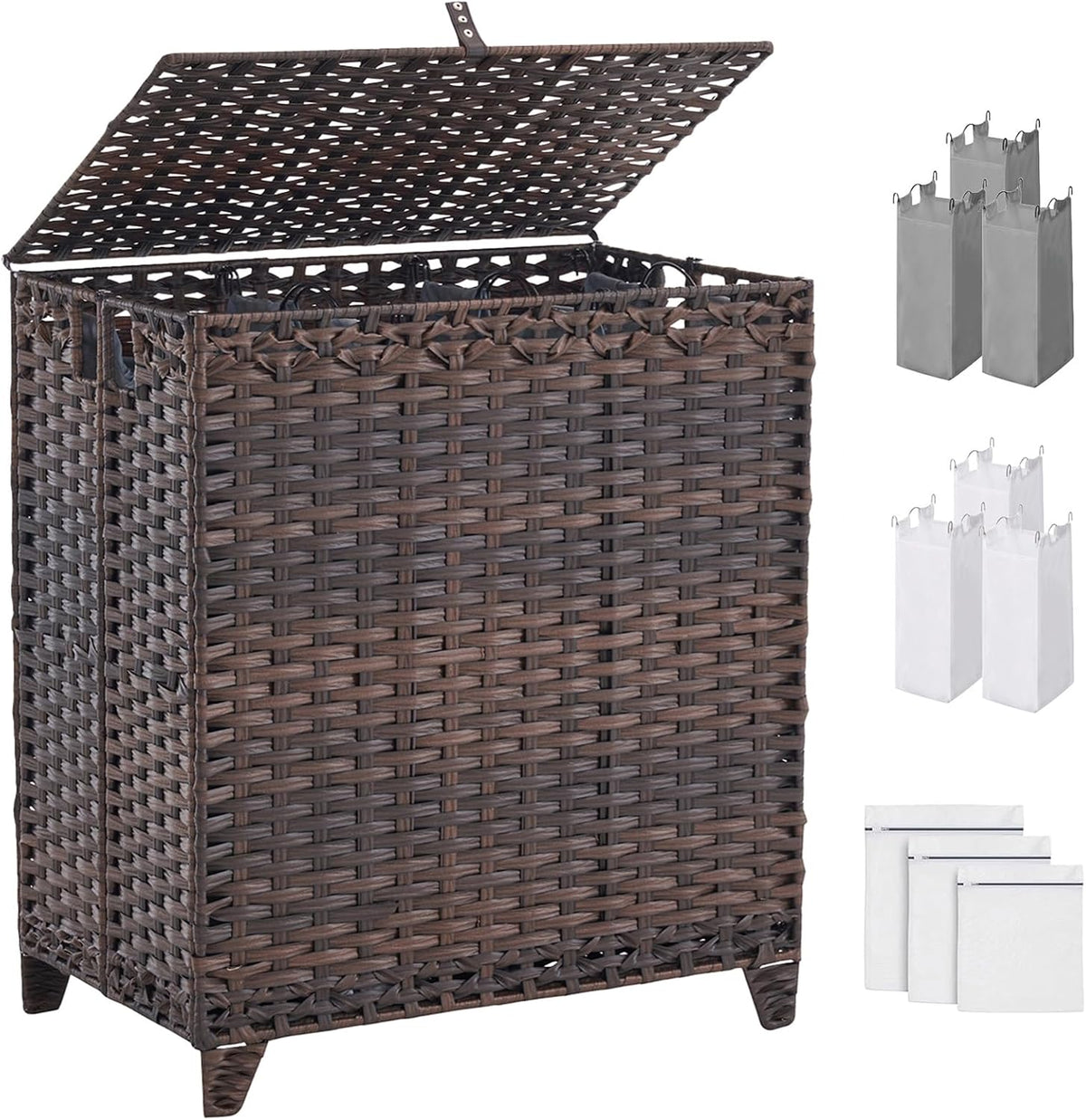 Laundry Hamper with Lid, 190L Large Laundry Basket 3 Section with 6 Removable Liner Bags & 3 Mesh Laundry Bags, Handwoven Rattan Clothes Hamper with Heightened Feet, No Install Needed, Brown