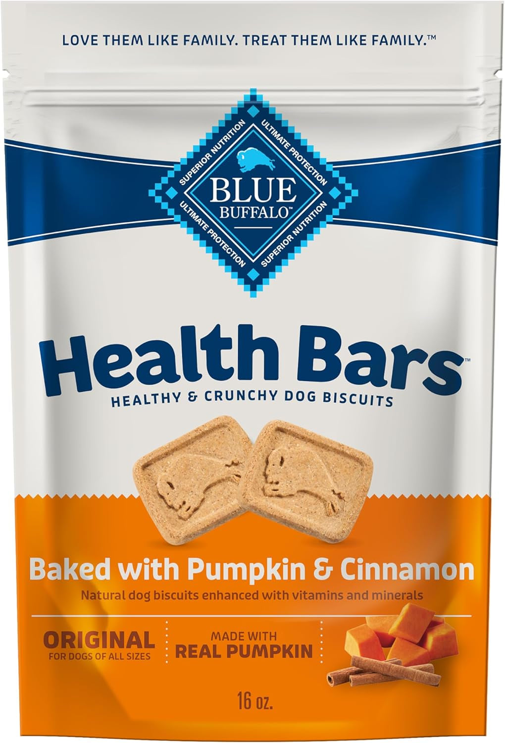 Blue Buffalo Health Bars Crunchy Dog Biscuits, Oven-Baked with Natural Ingredients, Pumpkin & Cinnamon, 16-Oz Bag