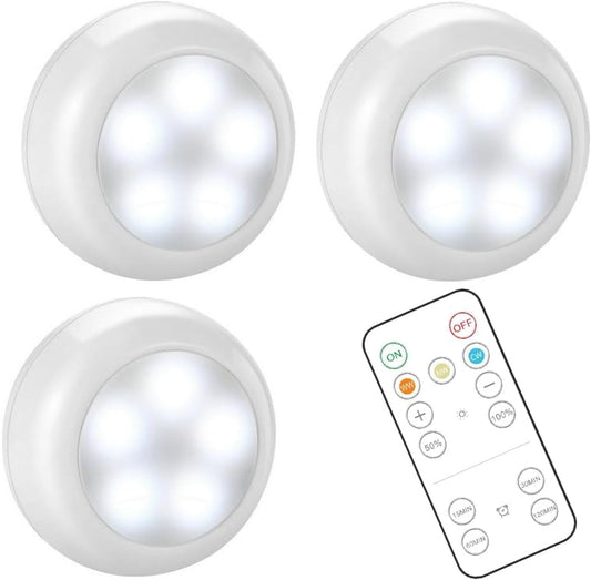 BLS Wireless LED Puck Lights with Remote Control, AA-1030 Battery Operated Lights with 3 AA Batteries, Stick on LED under Cabinet Lighting with Timer& Dimmable, Cool White and Warm White (3 Pack)