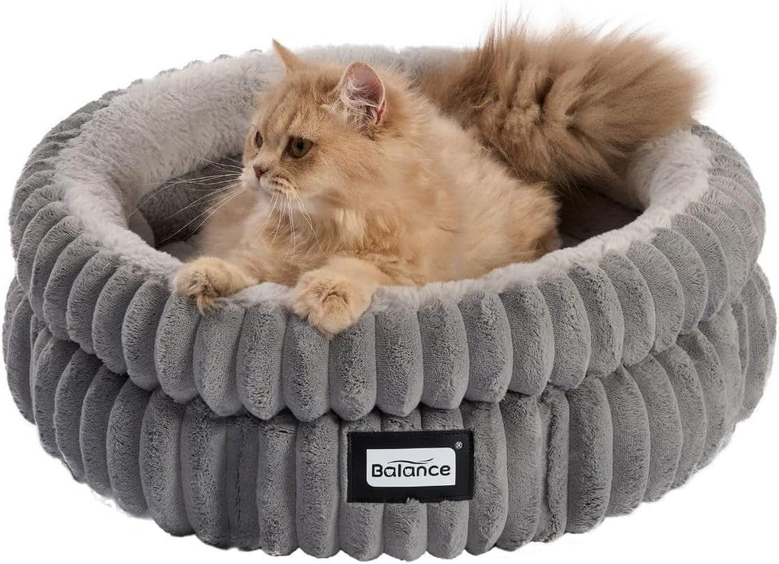 BALANCE Cat Bed Kitten Bed, Washable round Cat Beds for Indoor Cats, Super Soft Plush Faux Fur Pet Bed for Puppy and Kitten with Anti-Slip Bottom