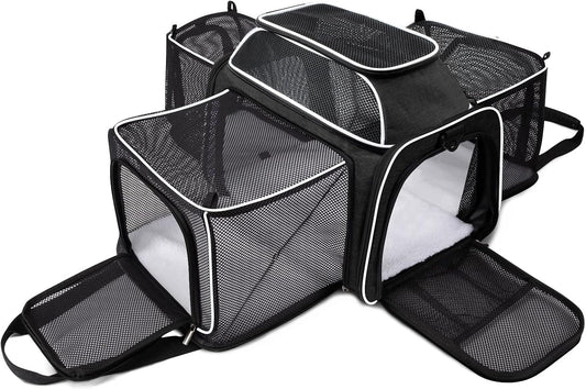 Cat Carrier Bag,Airline Approved Pet Carrier Soft Side Pet Travel 5 Sides Open Doors 6 Sides Expandable Foldable Dog Carrier with Fleece Pad(Patent Pending) Black