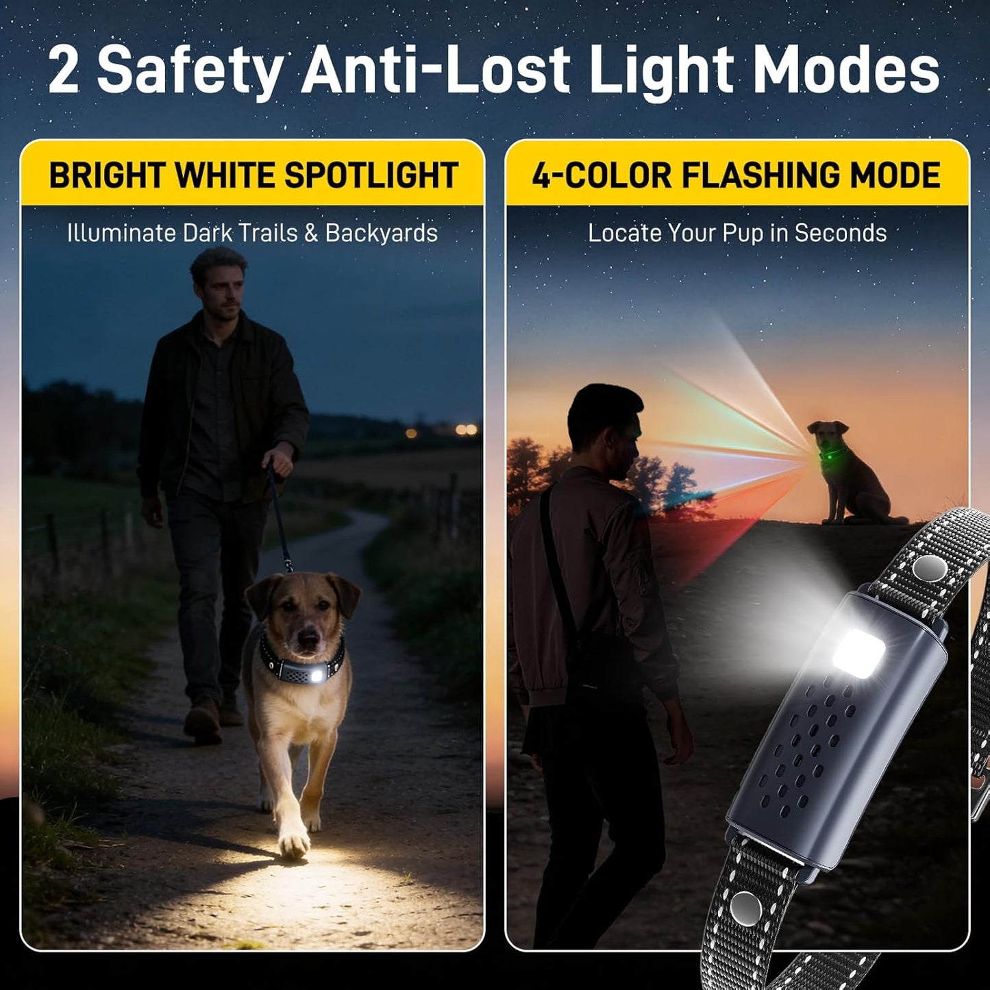 Dog Shock Collar 2 Dogs(15-150Lbs) with Flashing Light for Night Walks,4500Ft Dog Training Collar Adjustable Pitch Beep(1-8), Vibration(1-16), Safe Shock(1-99), and Keypad Lock