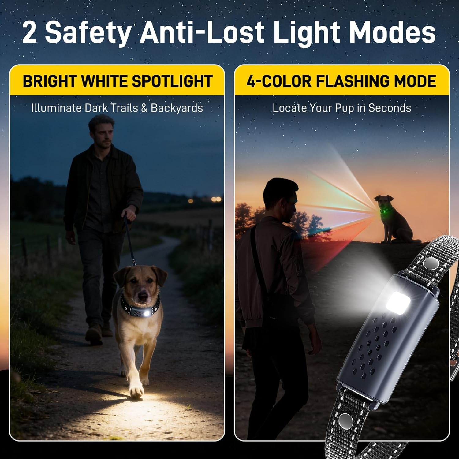Dog Shock Collar 2 Dogs(15-150Lbs) with Flashing Light for Night Walks,4500Ft Dog Training Collar Adjustable Pitch Beep(1-8), Vibration(1-16), Safe Shock(1-99), and Keypad Lock