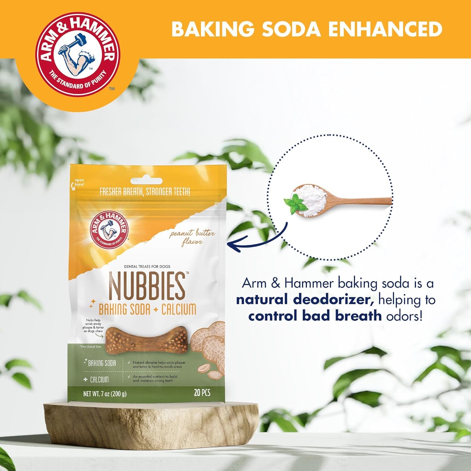 Arm & Hammer for Pets Nubbies Dental Treats Baking Soda Calcium Nubbed Texture Scrubs Plaque Tartar Peanut Butter Flavor Freshens Breath Daily Oral Care 20 Count 7 OZ Single Bag Home Dental Care