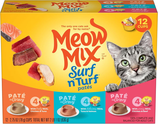 Meow Mix Surf ‘N Turf Patés, Wet Food Variety Pack, 12 Cups