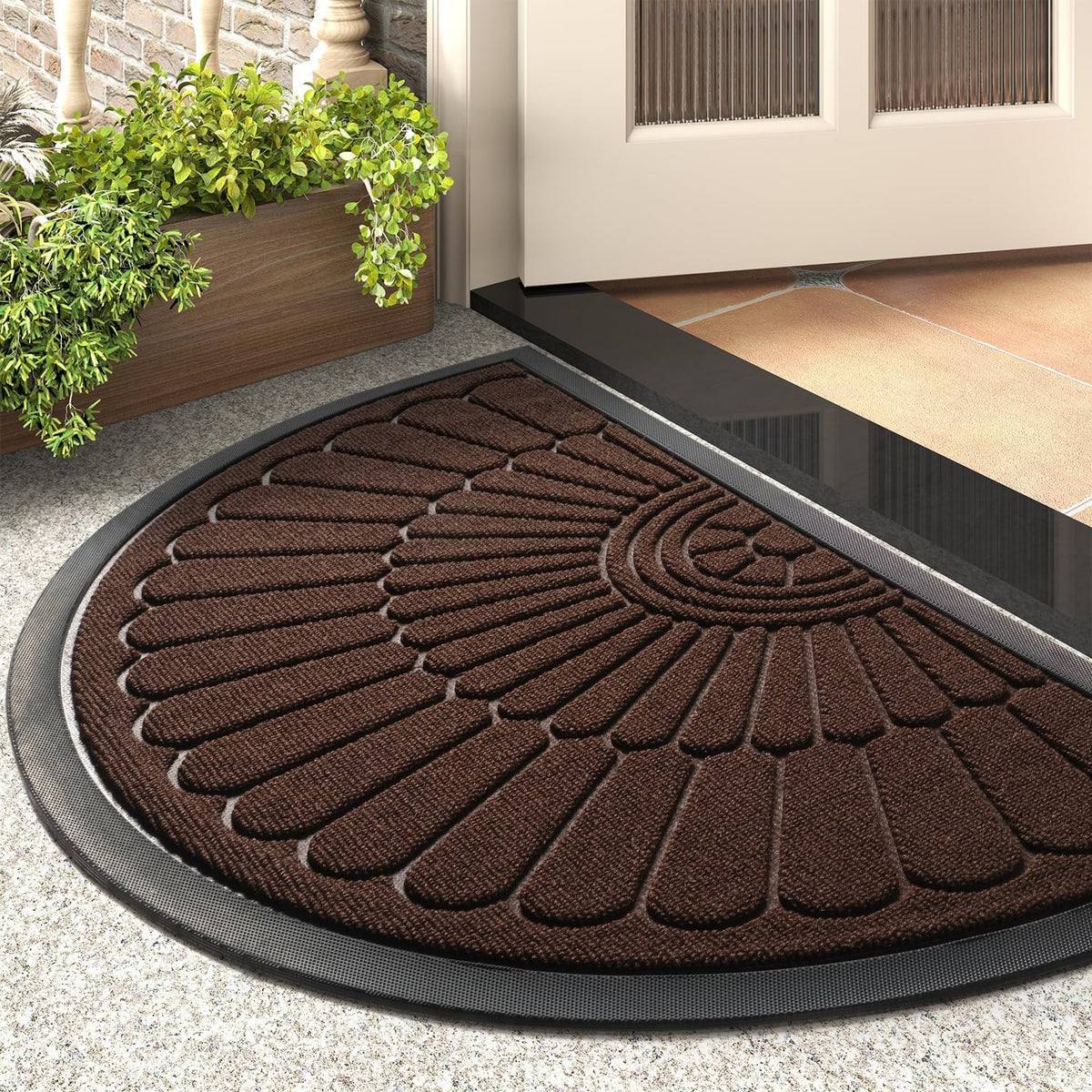 Tchdio Door Mat Outdoor Indoor Entrance Doormat-Semicircular Durable Rubber Non Slip Front Door Mat for outside inside Entry Entryway Dirt Trapper Welcomemat for Muddy Paws and Shoes-Brown 17”X30”