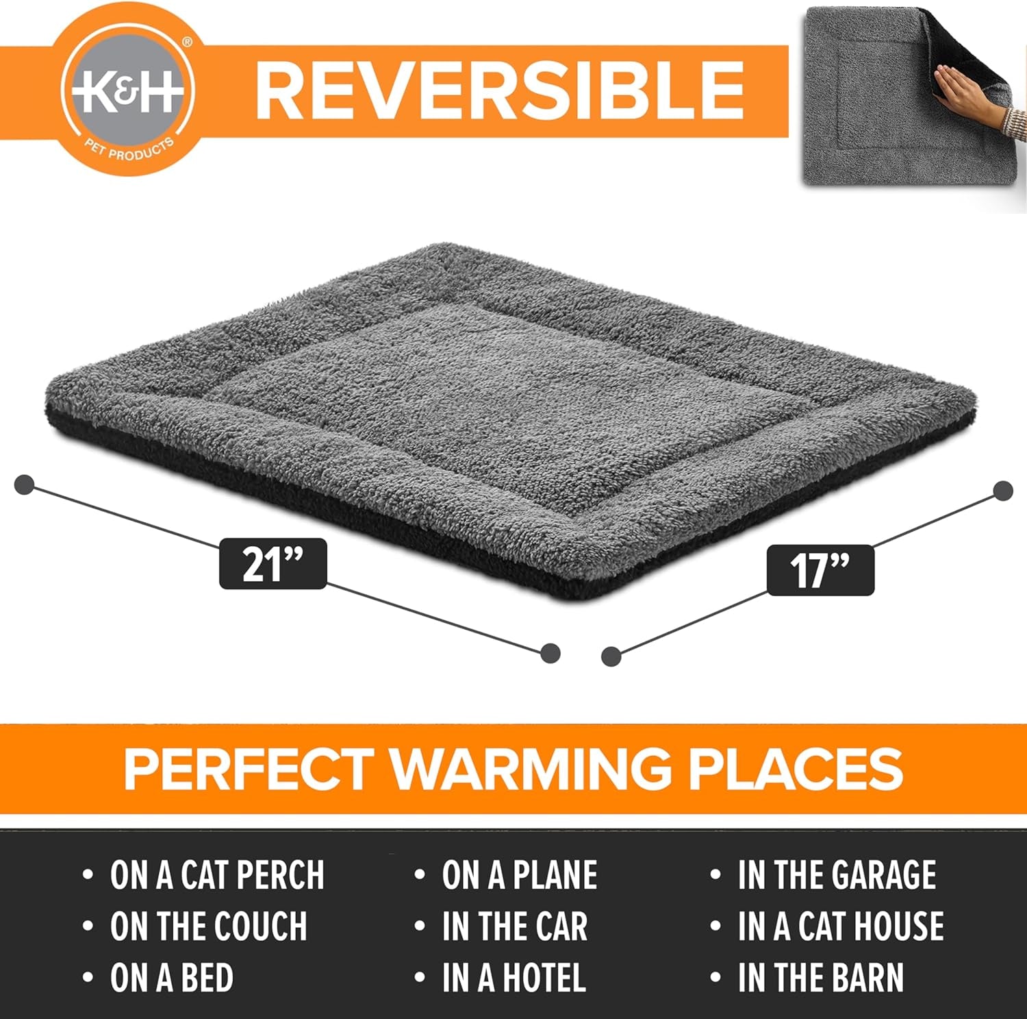K&H PET PRODUCTS Self-Warming Cat Bed Pad, Self Heating Pad for Outdoor Cat Houses, Warming Mat for Indoor Pet Beds & Furniture, Reversible Blanket, Machine Washable - Small 21 X 17In Gray/ Black