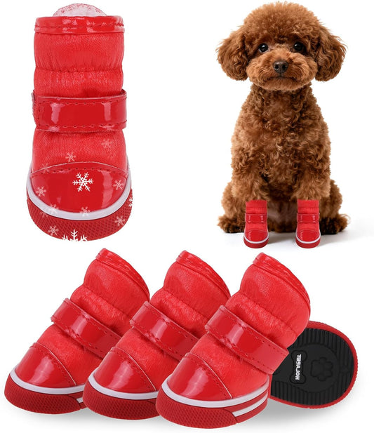 Fleece Dog Shoes for Winter, PU Dog Snow Boots & Paw Protectors