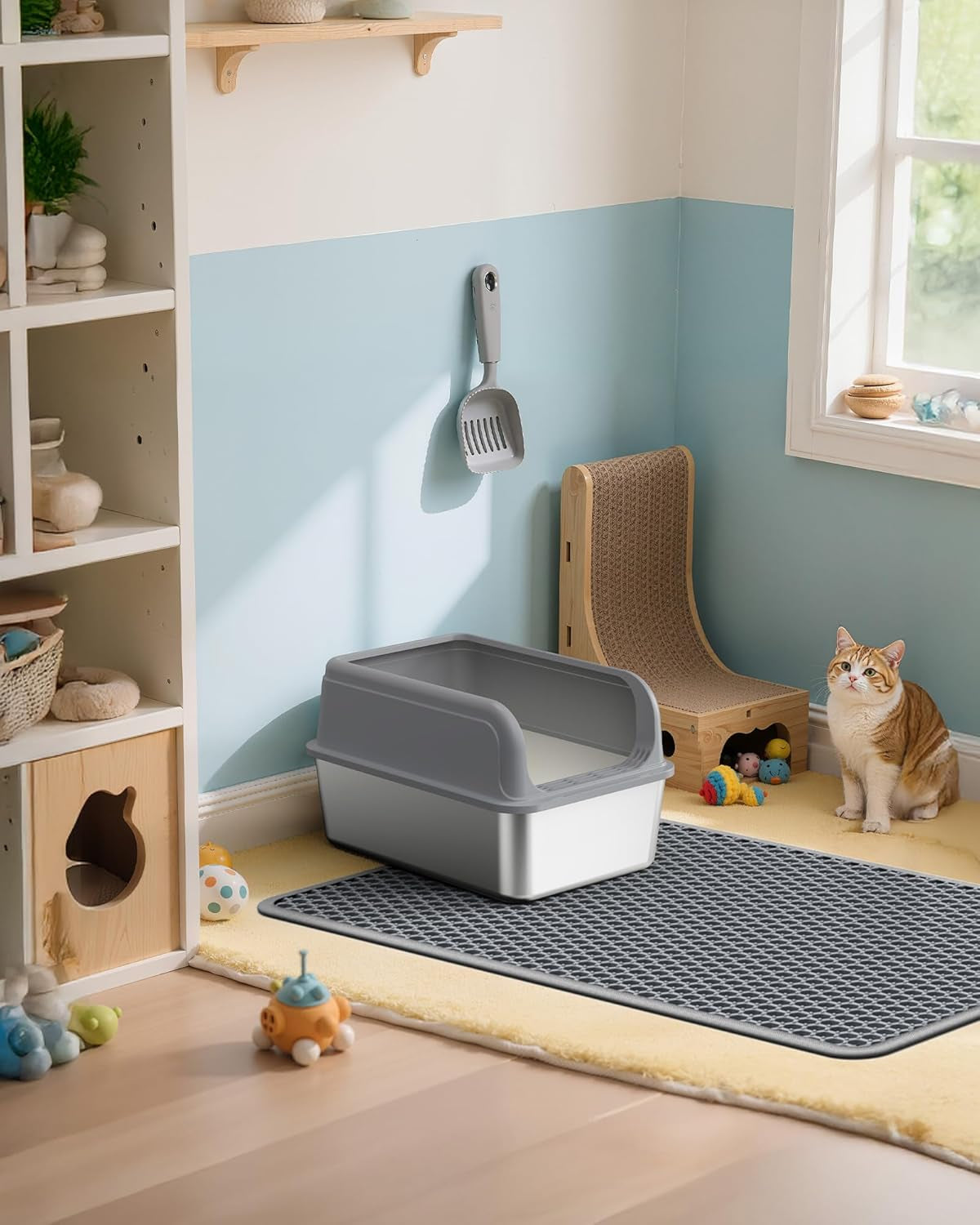 Cat Litter Mat - 46'' X 35'' Small Litter Trapping Mat, Easy to Clean Litter Box Mat, Waterproof, Urine-Proof, Non-Slip, Cat Toilet Training Systems Accessories, Grey